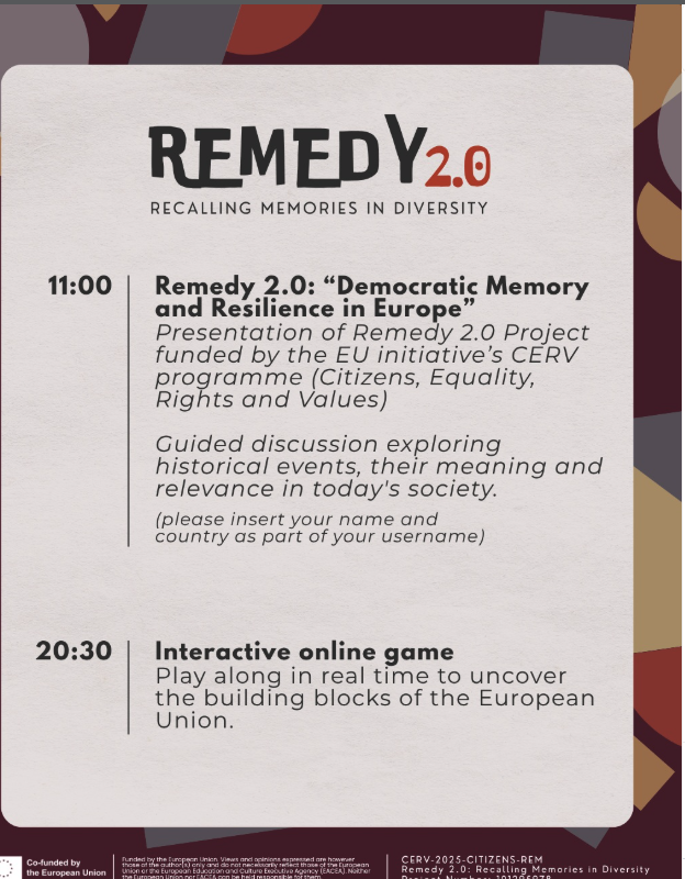 Programme of the We Build Europe event: 11:00 presentation and discussion, 20:30 interactive online game